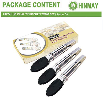 HINMAY Mini Tongs with Silicone Tips 7-Inch Kitchen Tongs, Set of 3 (Black) - color: Black