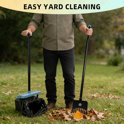 46" Pooper Scooper Swivel Bin & Rake for Large Small Dogs with Bag Attachment, Long Handle Poop Scooper with Lid for Yard (Blue) - color: Blue