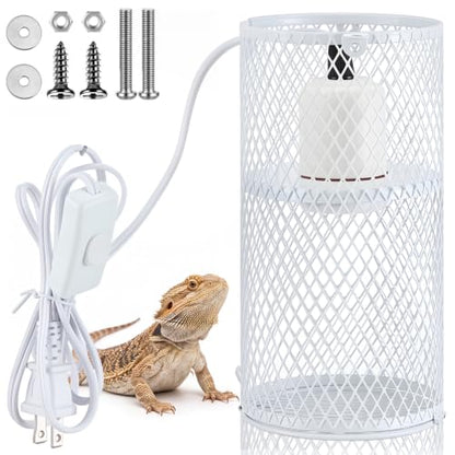 1 Pcs Reptile Heat Lamp Guard with 150W Ceramic Heat Emitter Basking Anti Scald Heating Lamp Holder Mesh Cage Reptile Protection Lampshade for Lizard Snake Without Bulb (4 Inch,White,White) - color: White, White