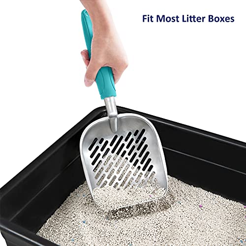 Cat Litter Scoop, Aluminum Alloy Sifter, Kitty Metal Scooper, Deep Shovel with Diagonal Sifting Hole, Long Handle, Kitten Poop Lifter for Litter Box, Large Size, Turkish Blue Handle - color: #02 Turkish Blue, size: Large