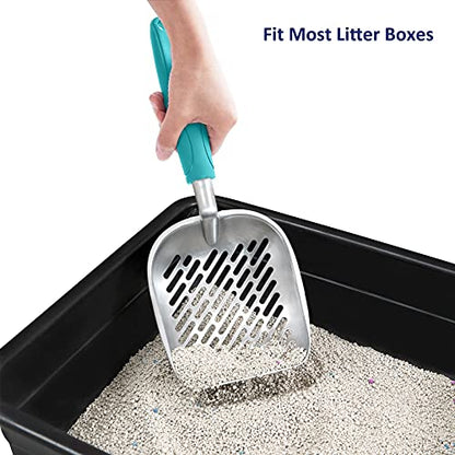 Cat Litter Scoop, Aluminum Alloy Sifter, Kitty Metal Scooper, Deep Shovel with Diagonal Sifting Hole, Long Handle, Kitten Poop Lifter for Litter Box, Large Size, Turkish Blue Handle - color: #02 Turkish Blue, size: Large