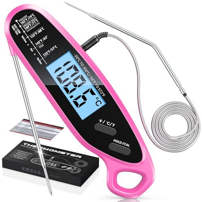 Instant Read Meat Thermometer Digital with Dual Probe | Large Backlit, Food Thermometer for Cooking, Grilling, Smoker, BBQ, Candy, Oil Fry, Pink Kitchen Accessories, Gift for Women - color: Pink