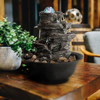 FerrisIsland Resin Desktop Rock Waterfall Fountain | LED Luminous Ball - color: Brown Gray