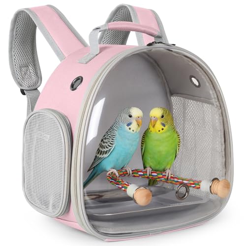 Small Bird Travel Backpack Carrier Cage, Backpack to Transport Backpack Carrier with Metal Tray Stand Perch for Parakeet Cockatiel Budgies Vet Carry Book Bag Green - color: Pink