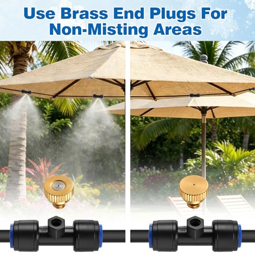 20 Pack Brass Misting Nozzles with 10 Pack Brass End Plugs, 0.02"/0.4mm Orifice 10/24 UNC Thread Replacement Misting Heads for Outdoor Cooling System, Ideal for Patio, Horse Barn, Dust Control