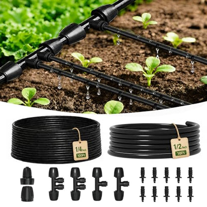 MIXC 1/4" Irrigation Dripline Tubing Kit (100 Ft) with 10Ft 1/2" Main Line | Saving 80% Water, 6" Emitter Spacing, Built-in 0.5GPH Drippers, 1/4" Push-to-Connect Fittings, for Raised Bed Garden Rows