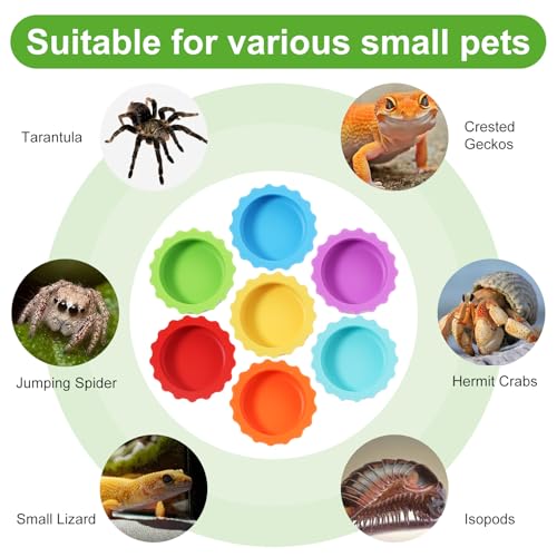 Reusable Small Reptile Food Dish, Crested Gecko Food and Water Feeding Cups, Easy Clean Silicone Small Capacity Worm Bowl, Gecko Tank Accessories (14 Pack, 7 Colors)