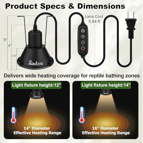 5-in-1 Reptile Heat Lamp Fixture Anti-Scald Guard 4.7" Hanging | Dome Light Fixture with Timer & 2 Pack 50W Halogen Warm Yellow Basking Light Bulb for Bearded Dragon, Gecko, Snake, Turtle
