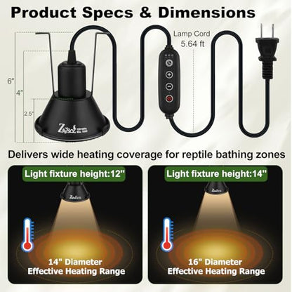 5-in-1 Reptile Heat Lamp Fixture Anti-Scald Guard 4.7" Hanging | Dome Light Fixture with Timer & 2 Pack 50W Halogen Warm Yellow Basking Light Bulb for Bearded Dragon, Gecko, Snake, Turtle