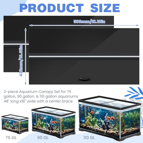 Sieral Aquarium Lids Polycarbonate Canopy with LED Light 2 Pcs Set 22.95 x 16.61 x 0.12 Inch for 75/90/110 Gallon with Center Brace Aquariums Cover Fish Tank Lid with a Hook Knife, Black - color: Black, size: 48 x 18 Inch