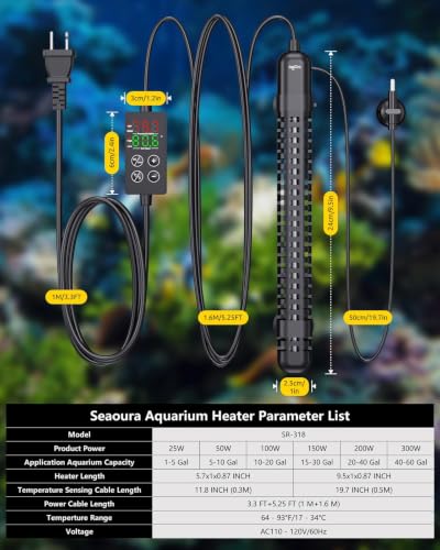 SEAOURA 200W Aquarium Heater for 20-40 Gallon Fish Tank with Temp Probe | Adjustable Max & Min Temp Protection 9.5 IN Auto Power Off Intelligent Controller Submersible Heater Turtle Salt/Freshwater ﻿ - size: Tank for 30-40 Gallon