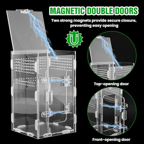 Acrylic Spider Enclosure, Jumping Spider Terrarium 4.7x4.7x7.9in | Dual access doors and micro-vent holes for feeding, misting, cleaning, and airflow