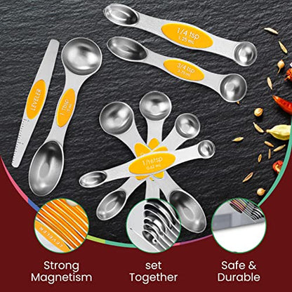 Magnetic Measuring Spoons Set of 9 Stainless Steel Dual-Sided Stackable Measuring Spoon Nesting Teaspoons Measuring Dry and Liquid Ingredients, Fits in Spice Jars Set of 9 (Orange) - color: Orange