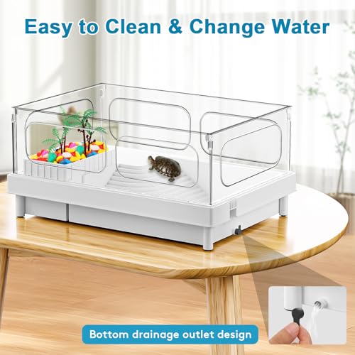 Small Turtle Tank with Filter for Baby Turtles | White Clear-Panel Habitat, with Basking Platform and Bottom Drain, Low-Water Starter Aquarium, for Crabs and Small Reptiles - color: White, size: Tank+Filter