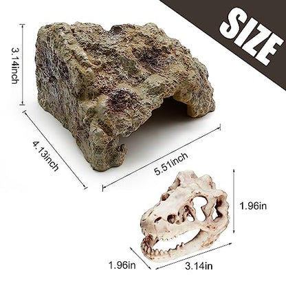 Anxingo Reptile Rock Reptile Cave Hideout for Snakes/Geckos/Lizards/Turtles and Other Amphibians, with Dinosaur Skull (Small) - size: S