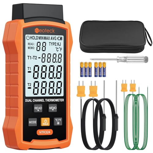 Neoteck Dual Channel Thermocouple Thermometer -50~700℃ with 4 K-Type Probes | High-precision Thermocouple Reader Data Storage and Retrieval Widely Used in HVAC, Automobile,Electrical Maintenance etc.