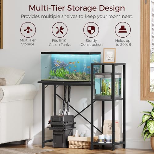 MAHANCRIS 5-10 Gallon Fish Tank Stand with 3-Tier Storage Shelf, Heavy Duty Aquarium Stand for Home Office, Metal Frame Turtle Reptile Terrarium Stand, 30.7" L x 12.6" W x 32.1" H, Black FTBK5201 - color: Black