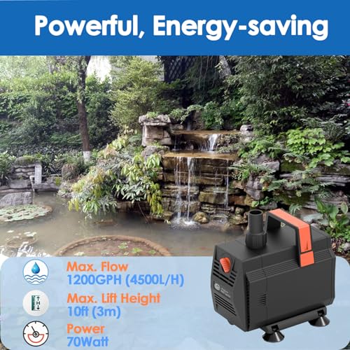 AquaMiracle 1200GPH Submersible Water Pump Pond Pump(4500L/H, 70W), Water Fountain Pump Aquarium Water Pump with Flow Control for Fish Tank, Waterfall, Statuary, Filtration, Water feature, Hydroponics - style: WP1200 (1200GPH)
