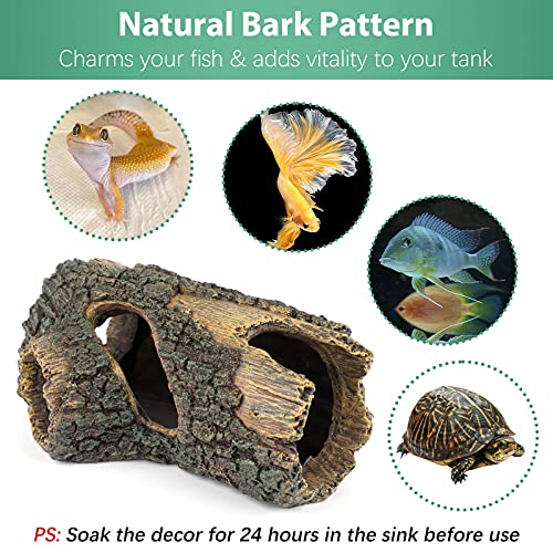 Uniclife Aquarium Large Betta Log Resin Hollow Tree Trunk Decor Artificial Wood Fish House Cave Bark Ornament with Hideout Holes for Shrimp Small Cichlid Lizard and Turtle in 10-70 Gallon Fish Tank - size: Large