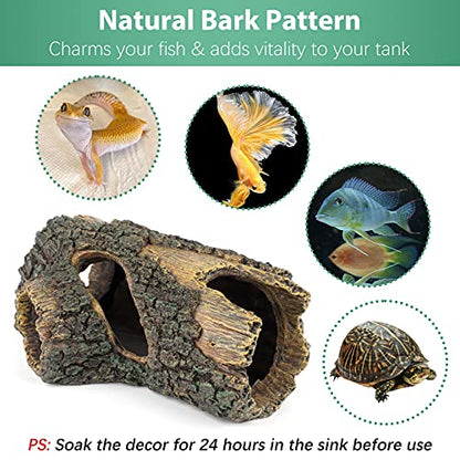 Uniclife Aquarium Large Betta Log Resin Hollow Tree Trunk Decor Artificial Wood Fish House Cave Bark Ornament with Hideout Holes for Shrimp Small Cichlid Lizard and Turtle in 10-70 Gallon Fish Tank - size: Large