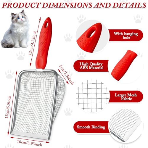 Cat Litter Scoop - Long Handle Scooper, Rustproof Stainless Steel Mesh, Non-Slip Grip, Deep Shovel Sifter for All Litter Types, Easy Clean Kitty Waste Litter for Litter Box(Red) - color: red