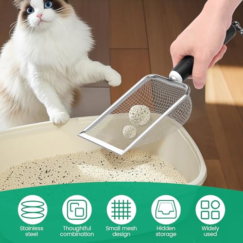 Metal Cat Litter Scoop, Sturdy Litter Cleaner Corner Shovel with Small Broom & Dustpan, Speed Sifter Litter Box Scooper Captures All Clumps, Easy to Clean Reptile Terrarium Sand Waste (# A)