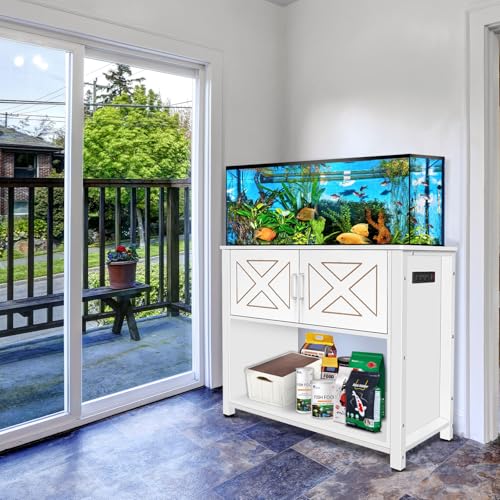 BEURUKU 40 Gallon Tank Stand with Cabinet and Power Outlets, Heavy Duty Metal Aquarium Stand for 40-50 Gallon Breeder Tank, Turtle Tank, Double Terrarium Stand, 660LBS Capacity, White - color: White, size: 40-50 Gallon