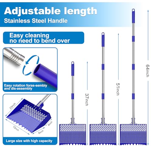 12-Inch 2-in-1 Chicken Poop Scooper & Rake, Chicken Coop Scoop with Adjustable Stainless Steel Handle （24–64"）, 3 Angles & 2 Sifting Holes, Litter Scoop Sand Sifting Shovel Pooper Scooper (Blue) - color: Blue