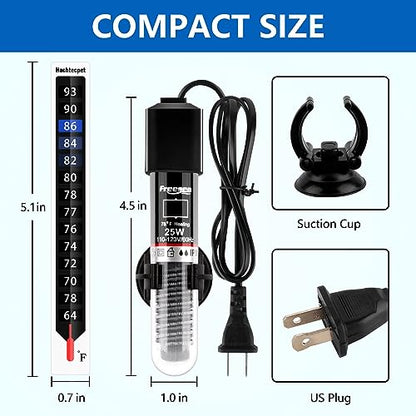 FREESEA Aquarium Fish Tank Heater: 25W Small Betta Turtle Heating | Submersible Aquarium Heater with Preset 78°F Temperature for 1-5 Gallon Betta Turtle Freshwater Saltwater Tank