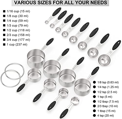 Measuring Cups & Spoons Set of 16, Wildone Stainless Steel Measuring Cups and Measuring Spoons with Black Silicone Handle, Including 8 Nesting Cups, 8 Spoons, for Dry and Liquid Ingredient - color: Black