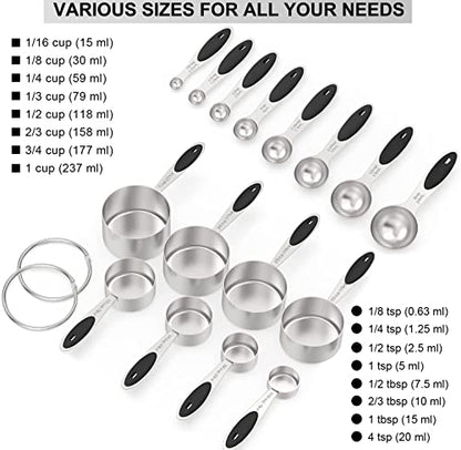 Measuring Cups & Spoons Set of 16, Wildone Stainless Steel Measuring Cups and Measuring Spoons with Black Silicone Handle, Including 8 Nesting Cups, 8 Spoons, for Dry and Liquid Ingredient - color: Black