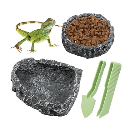 2Pack Reptile Water Dish Food Bowl with Tongs&Shovel,Reptile Feeding Dish-Corner Bowl,Terrarium Water Dish-Feeding Bowl for Bearded Dragon Lizard Frog Gecko Tortoise Hermit Crab