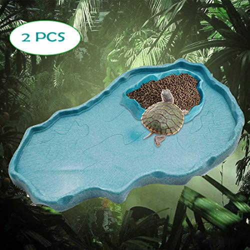Reptile Food and Water Bowl Turtle Habitat Tortoise Feeder Large and Small Plastic Plates for A Set for Lizard Chameleon Iguana Snake Gecko 2 PCS - color: Blue