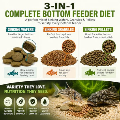 BugGraze Bottom Dweller Feast 3-in-1 Sinking Pellets, Wafers & Granules for Corydoras, Plecos & Loaches – Complete Aquarium Fish Diet – Clean Feeding, High Protein & Algae Blend – 3 oz
