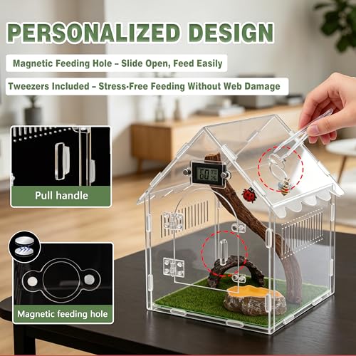 9-in-1 Acoustic Jumping Spider Enclosure Kit, 8"x8"x12" Magnetic Door with Feeding Hole Terrarium for Praying Mantis Tarantula Arboreal Reptile Habitat, Complete Accessories Set