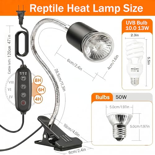 Reptile Heat Lamp,UVB Light for Reptiles Turtle/Lizard,UVB/A 10.0 13W Bulb | Heat Lamp with Clamp for Bearded Dragon and Terrarium, UVB Light for Reptiles with Timer, 50W Sunbathing Bulb