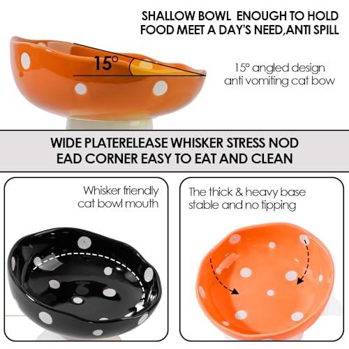 Red and Orange Mushroom Cat Bowl Set, 2PCS Elevated Ceramic Bowls for Cats | Cute Mushroom Set, Elevated, Ceramic, Whisker Friendly, Multi-Cat - color: Red+Orange