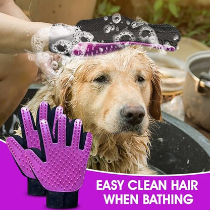 Upgrade Pet Grooming Gloves, Grooming Gloves for Dogs, Cats, Rabbits & Horses with Long and Short Hair, Efficient Pets Hair Remover Mittens - 1 Pair (Purple) - color: Purple