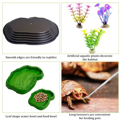 Reptile Bathing Pool 7 Pcs Tortoise Water Dish with Ramp Extra Large Turtle Feeding Bowl with Steps Reptile Food & Water Dishes 2-in-1 Gecko Habitat Decoration Accessories Lizard Bath Tub