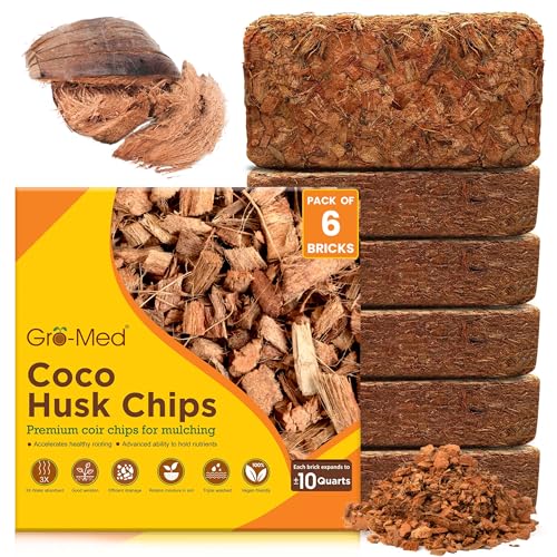 Coco Chips for Plants (500g Bricks, 6-Pack) - Organic Coconut Husk Chips for Potting, Garden & Seed Starter Soil - Coconut Mulch for Garden & Plants - size: 6 Pack Coco Husk Brick (6.6 lb)