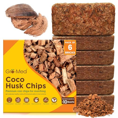 Coco Chips for Plants (500g Bricks, 6-Pack) - Organic Coconut Husk Chips for Potting, Garden & Seed Starter Soil - Coconut Mulch for Garden & Plants - size: 6 Pack Coco Husk Brick (6.6 lb)