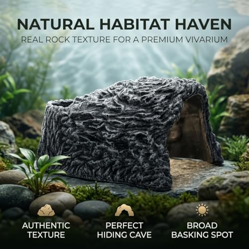 Extra Large Reptile Hide Cave, Resin Rock Habitat Decor, Basking Platform for Terrarium & Aquarium, Oversize Hideout for Bearded Dragons, Lizards, Snakes, Turtles (9.25" L x 8.07" W x 4.92" H)