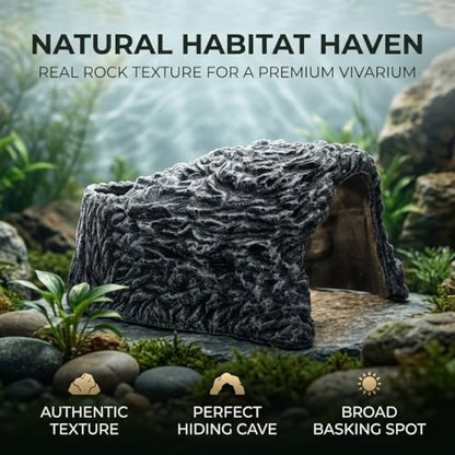 Extra Large Reptile Hide Cave, Resin Rock Habitat Decor, Basking Platform for Terrarium & Aquarium, Oversize Hideout for Bearded Dragons, Lizards, Snakes, Turtles (9.25" L x 8.07" W x 4.92" H)