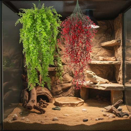 PINVNBY 2 Pack Reptile Plants Terrarium Hanging Fake Vines with Suction Cup Artificial Leaves for Bearded Dragons Lizards Geckos Snake Hermit Crab (Red and Green) - color: 2 Pcs ( Red and Green )