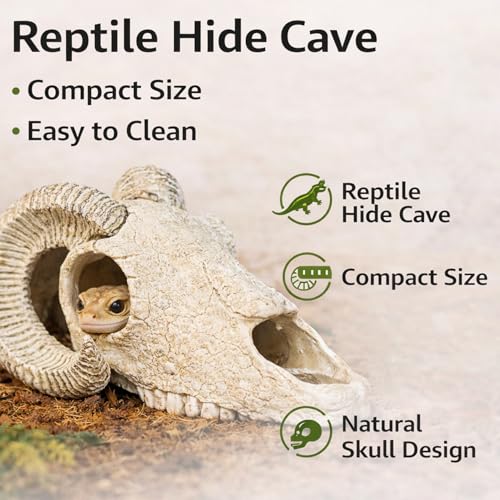 Reptile Hide Cave, Ram Skull Resin Shelter for Leopard Gecko, Lizard, Small Snake, Frog and Salamander, Terrarium Aquarium Fish Tank Decor for Small Reptiles and Amphibians