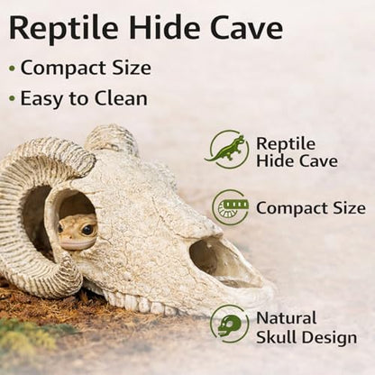 Reptile Hide Cave, Ram Skull Resin Shelter for Leopard Gecko, Lizard, Small Snake, Frog and Salamander, Terrarium Aquarium Fish Tank Decor for Small Reptiles and Amphibians