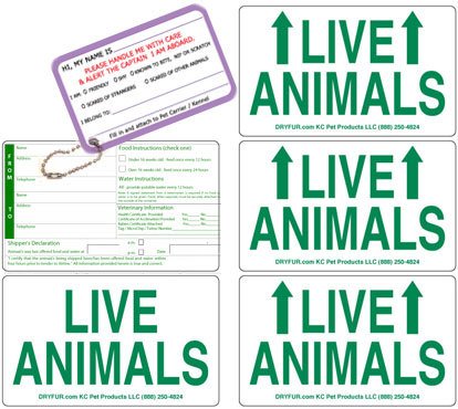 Live Animal Shipping Label Set of 5 (Waterproof, Reflective, Plastic & Paper) for Airline Travel, Includes Kennel Name Tag & Zipper Pouch