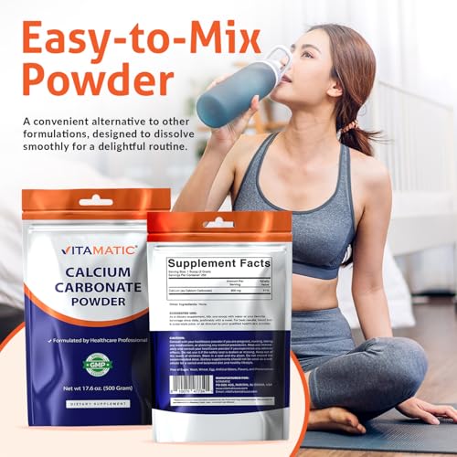 Vitamatic Calcium Carbonate Powder – 500 g (17.6 oz) – Unflavored Dietary Supplement Powder Non-GMO