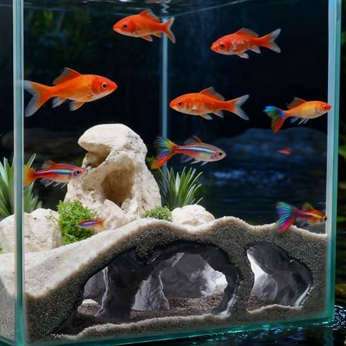 Aquarium Cave Tunnel Hideout - 3D Printed Fish Tank Cave Decor for Pleco | Friendly Sinking Base Shrimp/Betta Fish Hideout for Aquarium with Viewing Ports - color: M - Grey