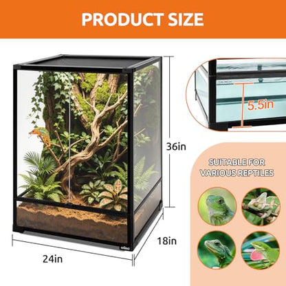 67 Gallon Tempered Glass Reptile Tank, 24" x 18" x 36" Reptile Terrarium,Reptile Enclosure with Front Opening Sliding Double Doors, Top Ventilation, Removable Door Easy to Feed and Clean - size: 24" x 18" x 36"
